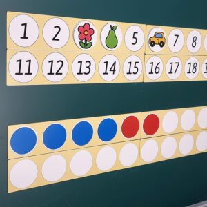 Modulárne pásy s krúžkami a číslami 1–20 pre magnetickú číselnú os; plné a prázdne miesta na skladanie príkladov.