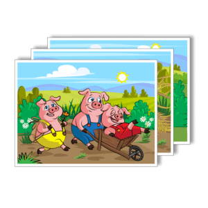 A3 ilustrované obrázky k rozprávke Tri prasiatka – vhodné pre kamishibai divadielko