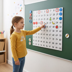 Magnetická stovková tabuľa ECONOMY s číslami do 100 a farebnými magnetickými krúžkami